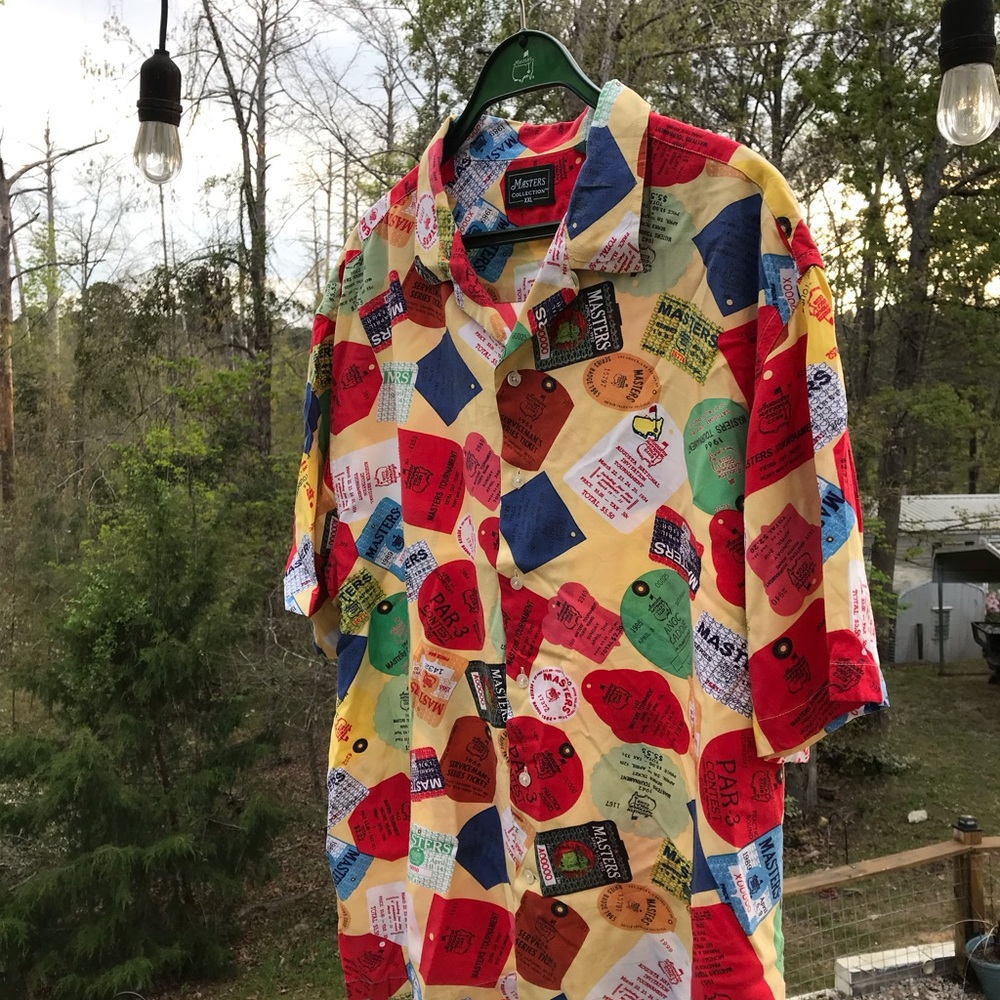 Masters Yellow Short Sleeve Button-Down with Multicolor Tag Print